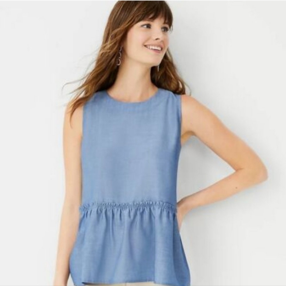 Ann Taylor Chambray Peplum Bow Back Top